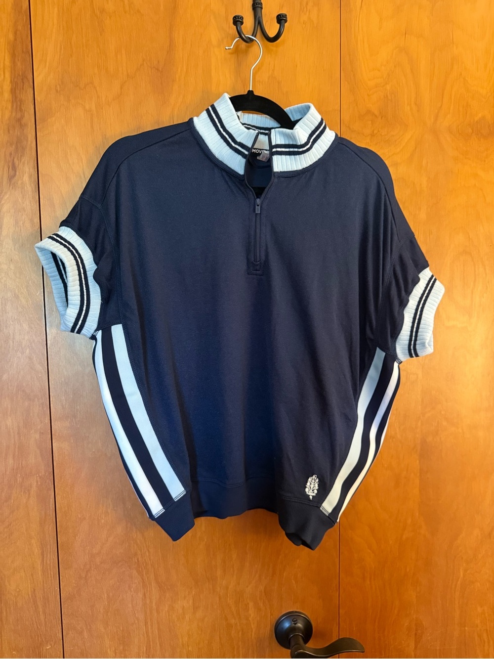 Free People Navy Short-Sleeve Half-Zip Pullover with White Trim Sz SM will fit M